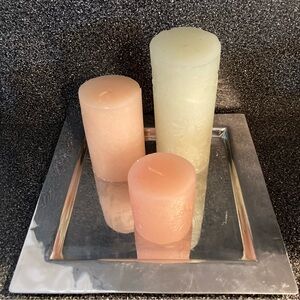 NWOT 3 pillar Candle set + aluminum tray. Light rose scent.